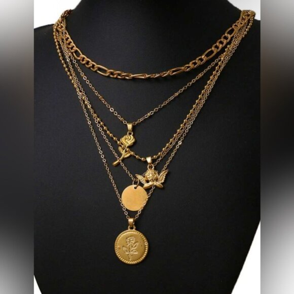 Gold 1pc Angel & Disc Layered Necklace - Picture 2 of 2